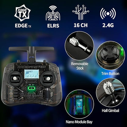 Radiomaster Pocket Hall Gimbal Transmitter, ELRS Remote Control Portable Lightweight Built in LED Light Foldable Antenna Mode 2
