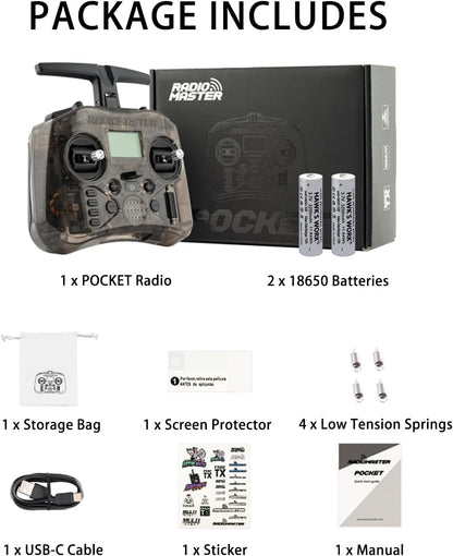 Radiomaster Pocket Hall Gimbal Transmitter, ELRS Remote Control Portable Lightweight Built in LED Light Foldable Antenna Mode 2