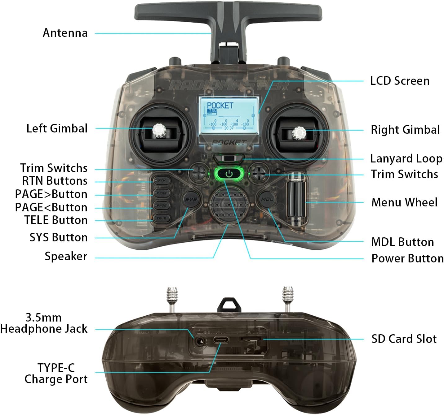 Radiomaster Pocket Hall Gimbal Transmitter, ELRS Remote Control Portable Lightweight Built in LED Light Foldable Antenna Mode 2