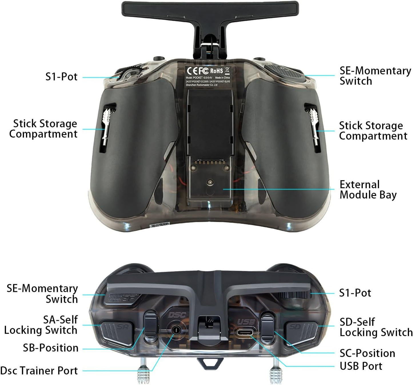 Radiomaster Pocket Hall Gimbal Transmitter, ELRS Remote Control Portable Lightweight Built in LED Light Foldable Antenna Mode 2