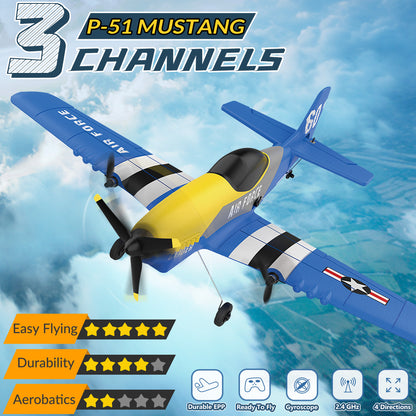 3 Channel RC Plane P-51D Mustang, Remote Control Airplane Ready to Fly, 2.4GHz 6-axis Gyro Stabilizer, Easy to Fly for Kids & Beginners