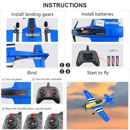 3 Channel RC Plane P-51D Mustang, Remote Control Airplane Ready to Fly, 2.4GHz 6-axis Gyro Stabilizer, Easy to Fly for Kids & Beginners