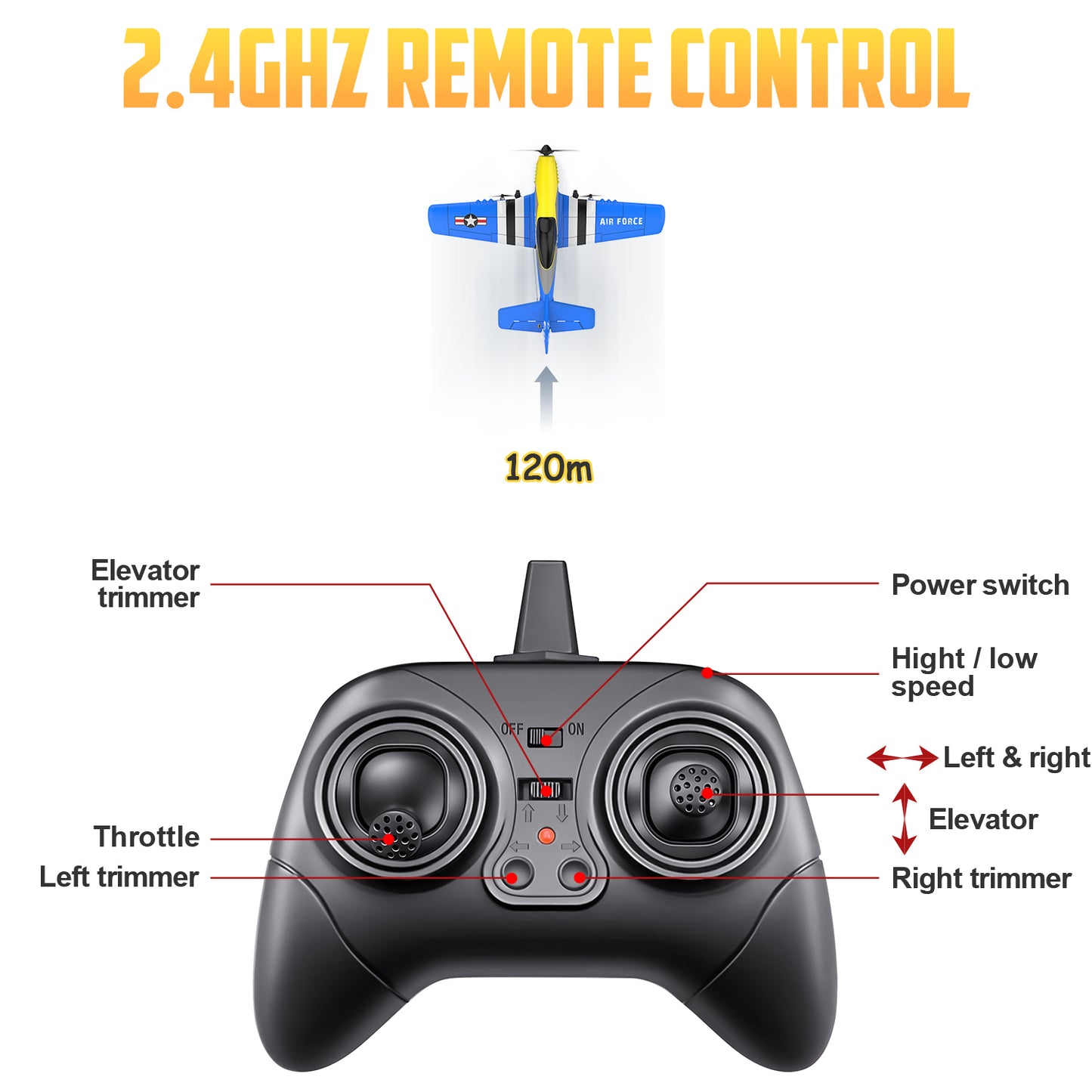 3 Channel RC Plane P-51D Mustang, Remote Control Airplane Ready to Fly, 2.4GHz 6-axis Gyro Stabilizer, Easy to Fly for Kids & Beginners