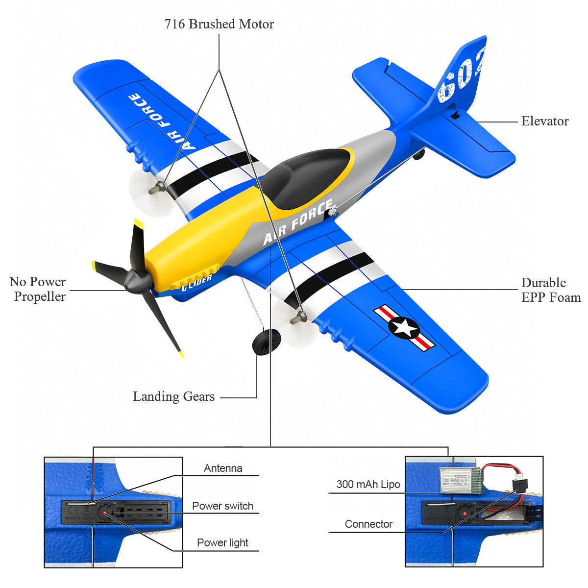 3 Channel RC Plane P-51D Mustang, Remote Control Airplane Ready to Fly, 2.4GHz 6-axis Gyro Stabilizer, Easy to Fly for Kids & Beginners