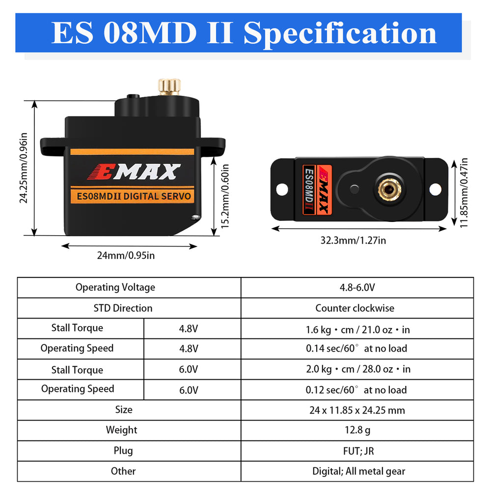 Emax ES08MD II : 9G Micro Servo - Digital – HAWK'S WORK